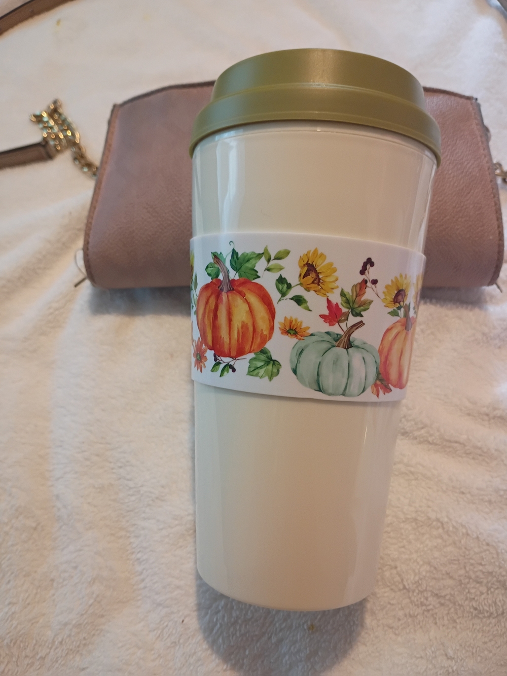 Cream Travel Tumbler with Olive Lid and Autumn Pumpkin Band